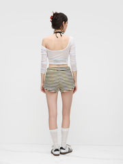Cotton-blend Mid Rise Stripe Bowknot Micro Shorts