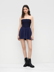 Cotton Texture Bandeau Bowknot Ruffle Hem Romper