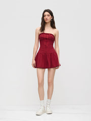 Cotton Knotted Shirred Bandeau Mini Dress