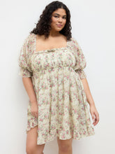 Chiffon Square Neck Floral Bowknot Ruffle Hem Mini Dress Curve & Plus