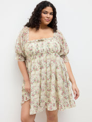 Chiffon Square Neck Floral Bowknot Ruffle Hem Mini Dress Curve & Plus