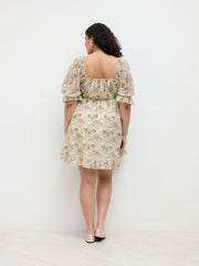 Chiffon Square Neck Floral Bowknot Ruffle Hem Mini Dress Curve & Plus
