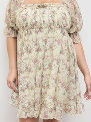 Chiffon Square Neck Floral Bowknot Ruffle Hem Mini Dress Curve & Plus