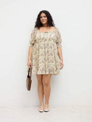 Chiffon Square Neck Floral Bowknot Ruffle Hem Mini Dress Curve & Plus