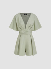 Linen-blend V-neck Ruched Pleated Romper