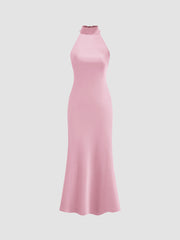 Satin Halter Neckline Backless Maxi Dress