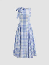 Cotton Boat Neck Gingham Bowknot Midi Dress