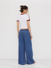 Denim Mid Rise Drawstring Wide Leg Jeans