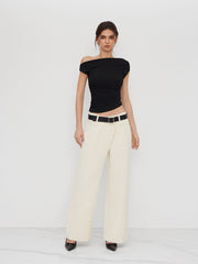 Cider Denim Mid Rise Asymmetrical Button Wide Leg Jeans