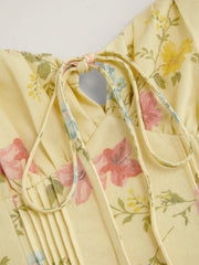 Linen-blend Square Neck Floral Knotted Shirred Mini Dress