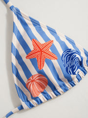Halter Neckline Stripe Shell Detail Ruffle Triangle Cheeky Bikini Set