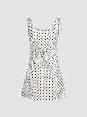 100% Cotton U-neckline Polka Dot Bowknot Mini Dress