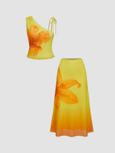Mesh Asymmetrical Neck Floral Knotted Top & Mid Rise Maxi Skirt Set