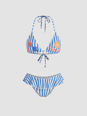 Halter Neckline Stripe Shell Detail Ruffle Triangle Cheeky Bikini Set