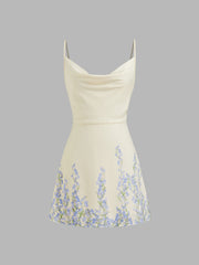 Cowl Neck Floral Lace Up Mini Dress
