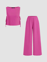 Cotton-blend Boat Neck Knotted Top With Shirred Straight Leg Trousers Set