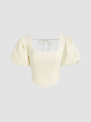 Square Neck Texture Puff Sleeve Curve Hem Blouse
