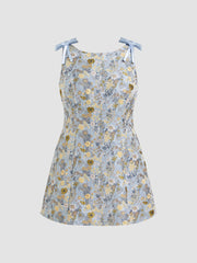Boat Neck Floral Jacquard Bowknot Mini Dress Curve & Plus
