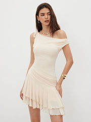 Mesh Asymmetrical Neck Ruched Layered Lettuce Trim Ruffle Hem Mini Dress