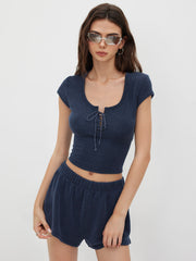 Stripe Lace Up Knotted Crop Tee & Elastic Waist Shorts Set