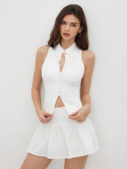 Cotton-blend Mandarin Collar Cut Out Top & Low Rise Ruffle Hem Mini Skirt