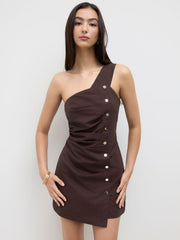 Linen-blend Asymmetrical Neck Button Ruched Mini Dress