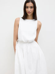 Cotton Round Neckline Elastic Waist Cut Out Split Midi Dress