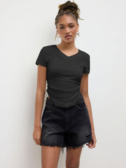 Cotton-blend V-neck Ruched Curve Hem Baby Tee