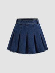 Denim High Waist Pleated Raw Hem Mini Skirt
