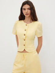 Ramie-blend Button Short Sleeve Blouse