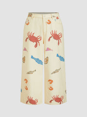 Cider Denim Low Rise Seafood Pattern Wide Leg Jens Curve & Plus