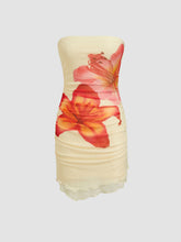 Mesh Floral Ruched Lettuce Trim Bandeau Mini Dress