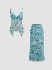 V-neck Floral Ruffle Cami Top & Mid Rise Maxi Skirt Set