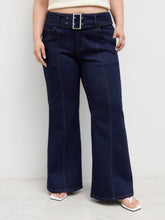High Stretch Denim Mid Rise Flared Jeans With Belt Curve & Plus