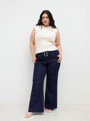 High Stretch Denim Mid Rise Flared Jeans With Belt Curve & Plus