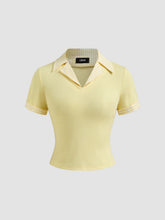 Cotton-blend Collar Stripe Patched Short Sleeve Top