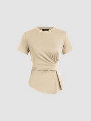 100% Cotton Round Neckline Ruched Asymmetrical Hem Tee