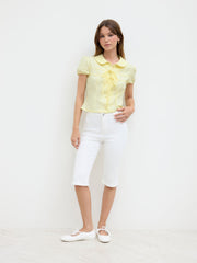 100% Cotton Peter Pan Collar Bowknot Puff Sleeve Blouse