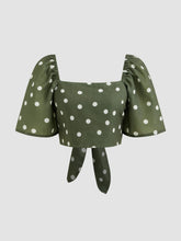 Square Neck Polka Dot Knotted Mid-length Sleeve Crop Blouse