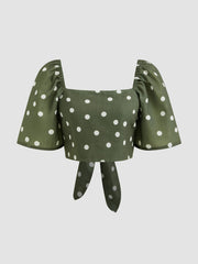 Square Neck Polka Dot Knotted Mid-length Sleeve Crop Blouse