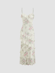 Lace V-neck Floral Ruffle Maxi Dress