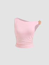 Asymmetrical Neck Ruched Flower Crop Tank Top