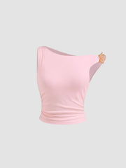 Asymmetrical Neck Ruched Flower Crop Tank Top