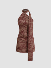 Satin Asymmetrical Neck Floral Backless Mini Dress With Scarf