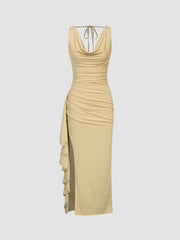 Cowl Neck Ruffle Hem Split Backless Maxi Dress