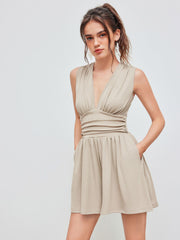 V-neck Solid Ruched Pocket Romper