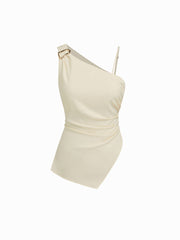 Cotton-blend Asymmetrical Metal Detail Ruched Top