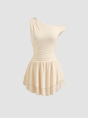 Asymmetrical Neck Ruched Layered Mini Dress