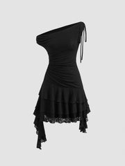 Lace Asymmetrical Neck Ruffle Ruched Knotted Mini Dress