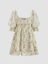 Chiffon Square Neck Floral Bowknot Puff Sleeve Mini Dress
